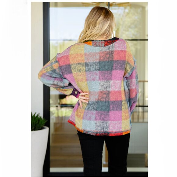 Colorful Plaid Button Front Cardigan Size XXL V-Neck Exposed Seams Casual - Picture 3 of 16